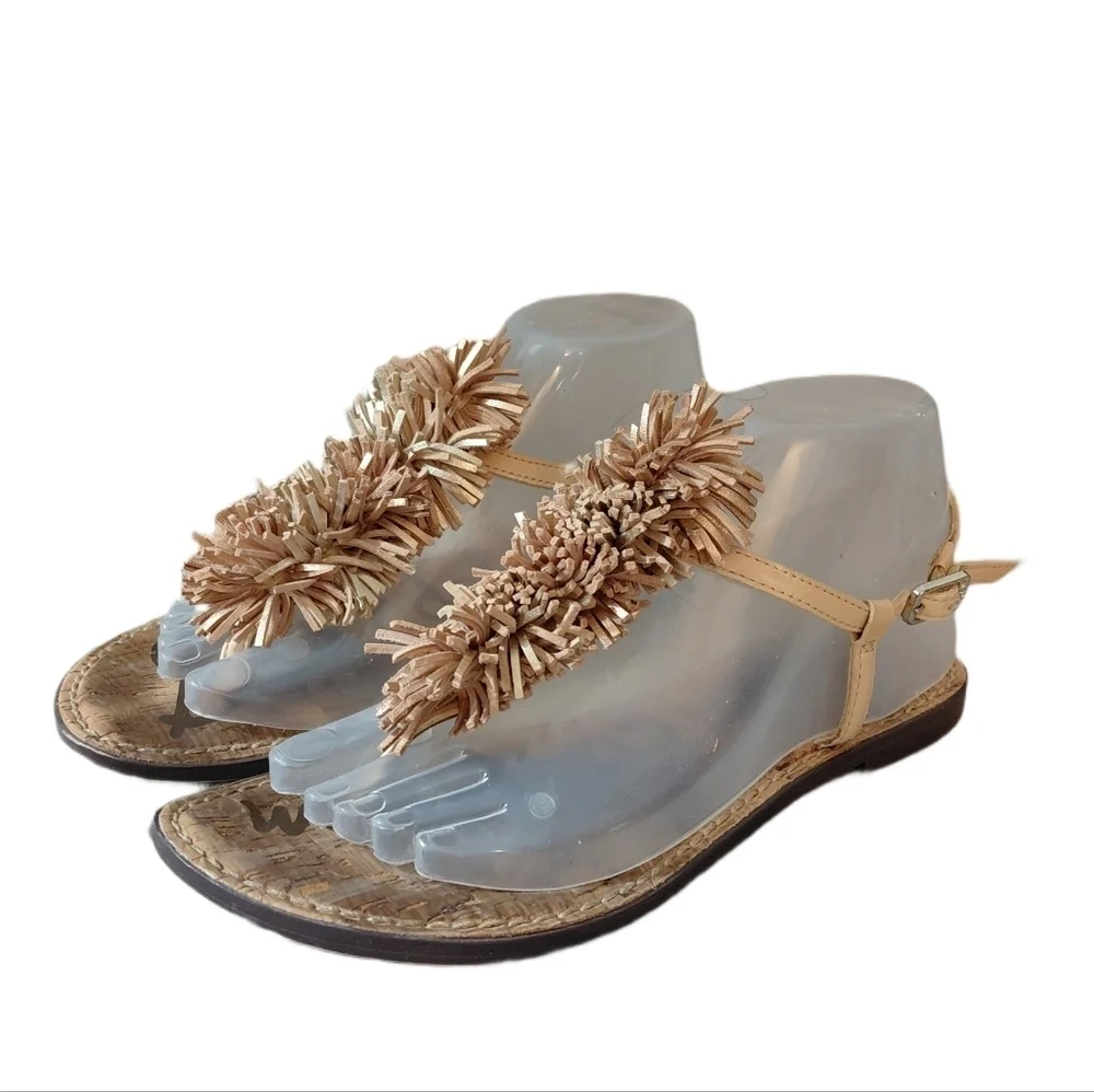 Sam Edelman Gates Gold And Tan Fringe Sandals Women's Size 7 T-strap Sandal